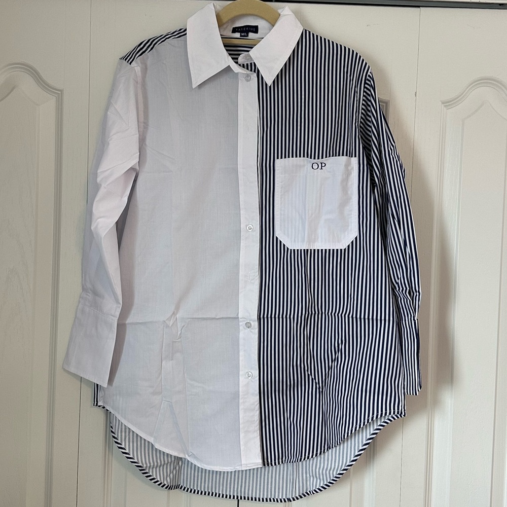 KATIE KIME THE BROOKLYN BUTTON DOWN - Striped Blue - Monogram OP on Pocket - M/L